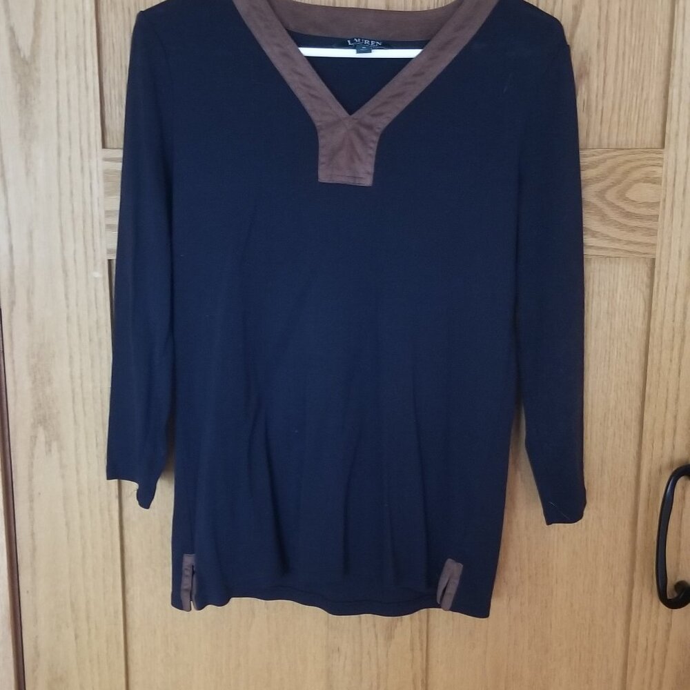 LAUREN Blouse w/ Faux Leather Trim